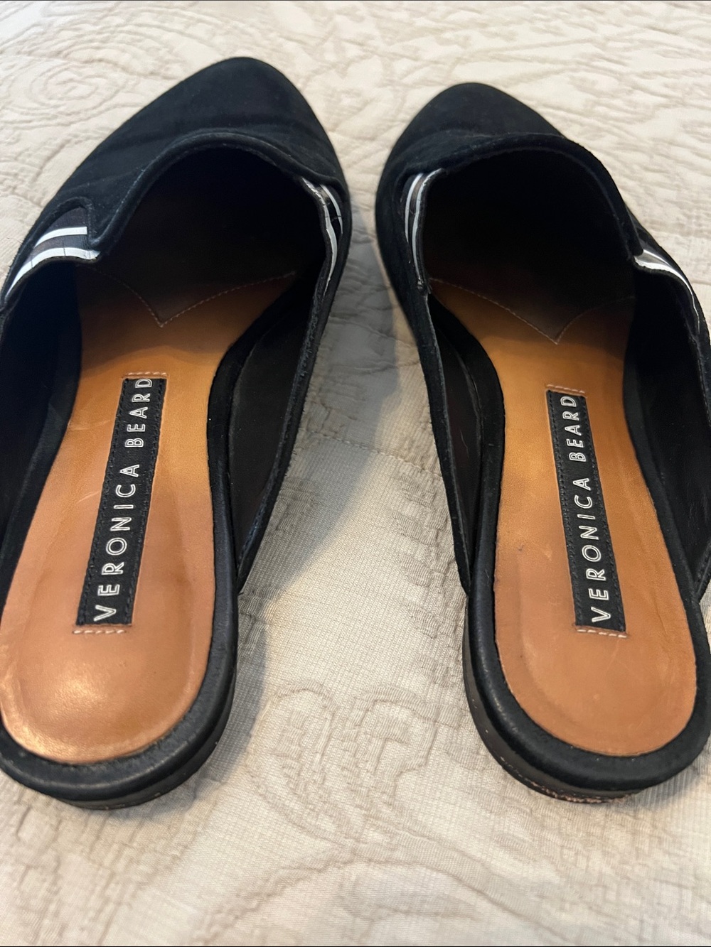 Veronica Beard Black Suede Slip-On Mules with Silver Stripe Detail - Picture 2 of 5